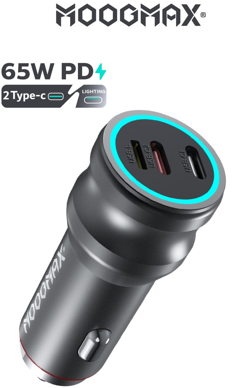 موجماكس شاحن سيارة سريع بقوة 65W. شاحن سيارة تايب سي بمنافذ(2*تايب سي) &(1*لايتنينج .ايفون) لاستخدام كيبل الايفون لشحن هاتفك الاندرويد. فيش سياره بحماية ضد الجهد الزائد. شاحن سياره حجم صغير وبأداء كبير. - Image 1